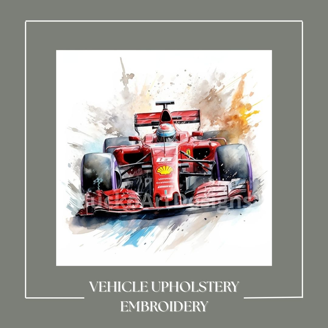 vehicle upholstery embroidery, car seat embroidery, vehicle branding, motorcycle embroidery, racecar seat embroidery