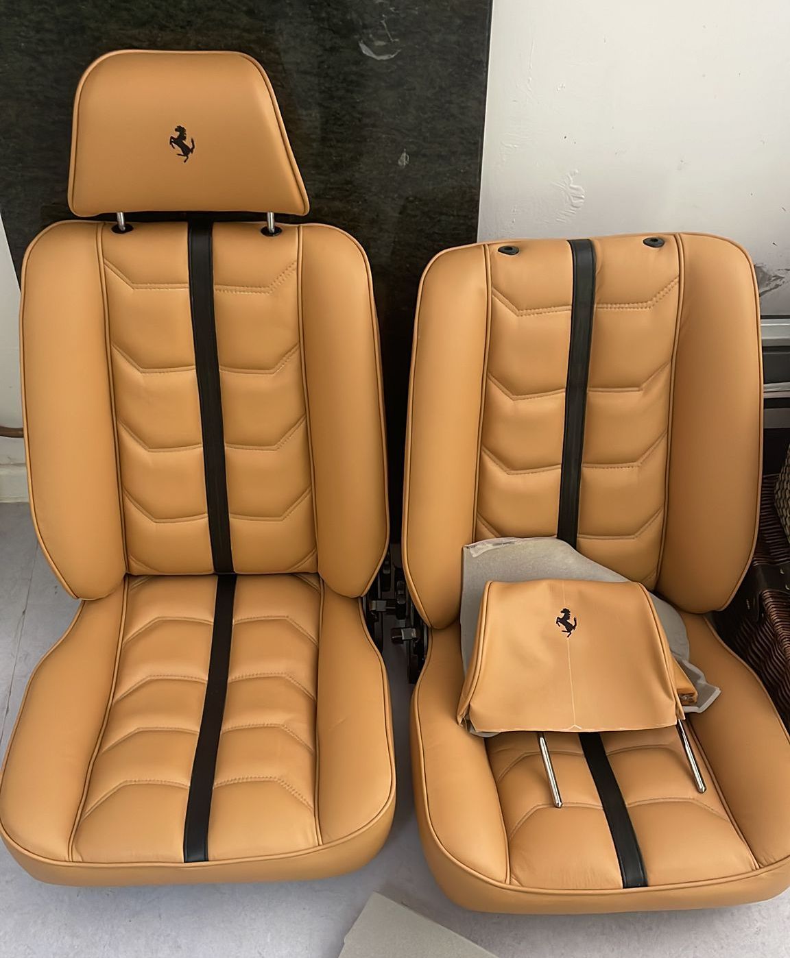 Ferrari headrest, embroidered ferrari logo, embroidered leather