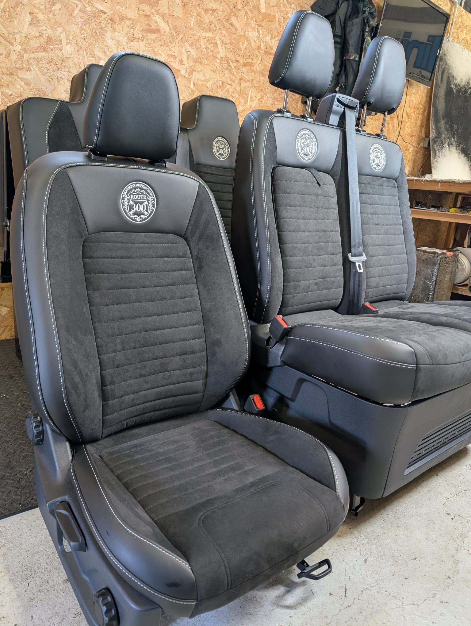 Custom made seat covers Route 300 campers, camper van embroidery