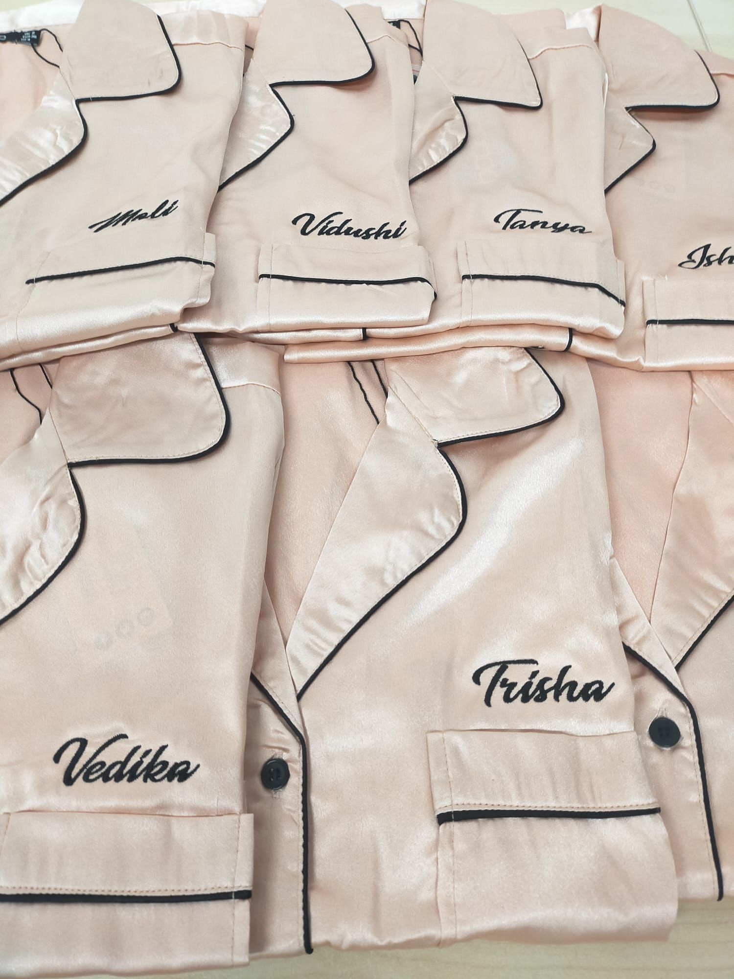 pink silk ladies sleepwear set, embroidered pyjamas, bridal party pj's