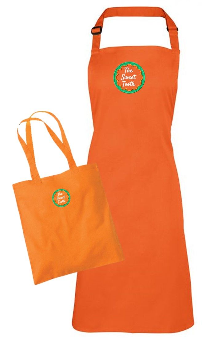 embroidered apron and tote bag, cafe embroidery