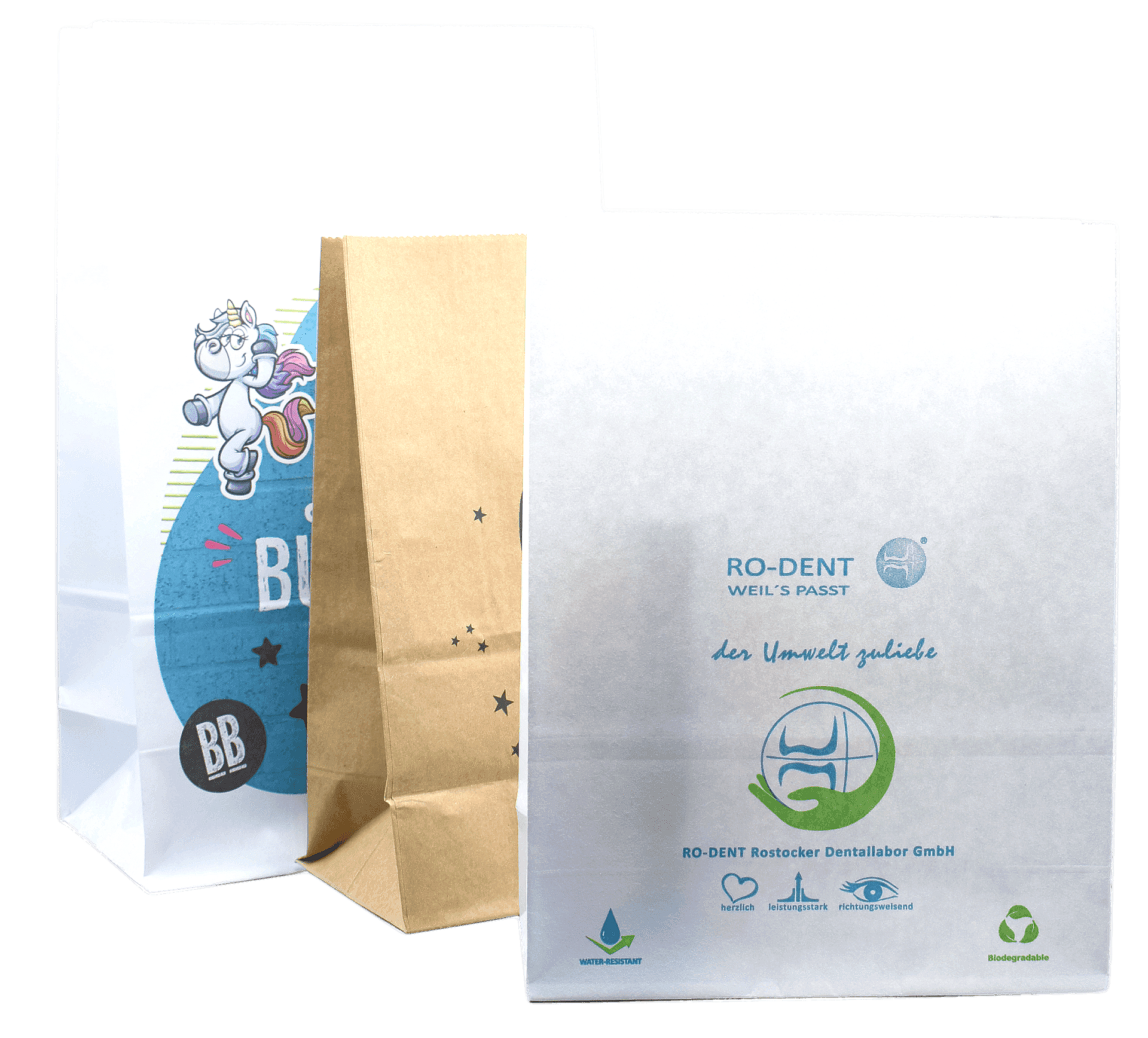 Dentalbeutel aus Papier mit einem Kundenlogo bedruckt - teilweise mit einer PE Folie innen für mehr Hygiene