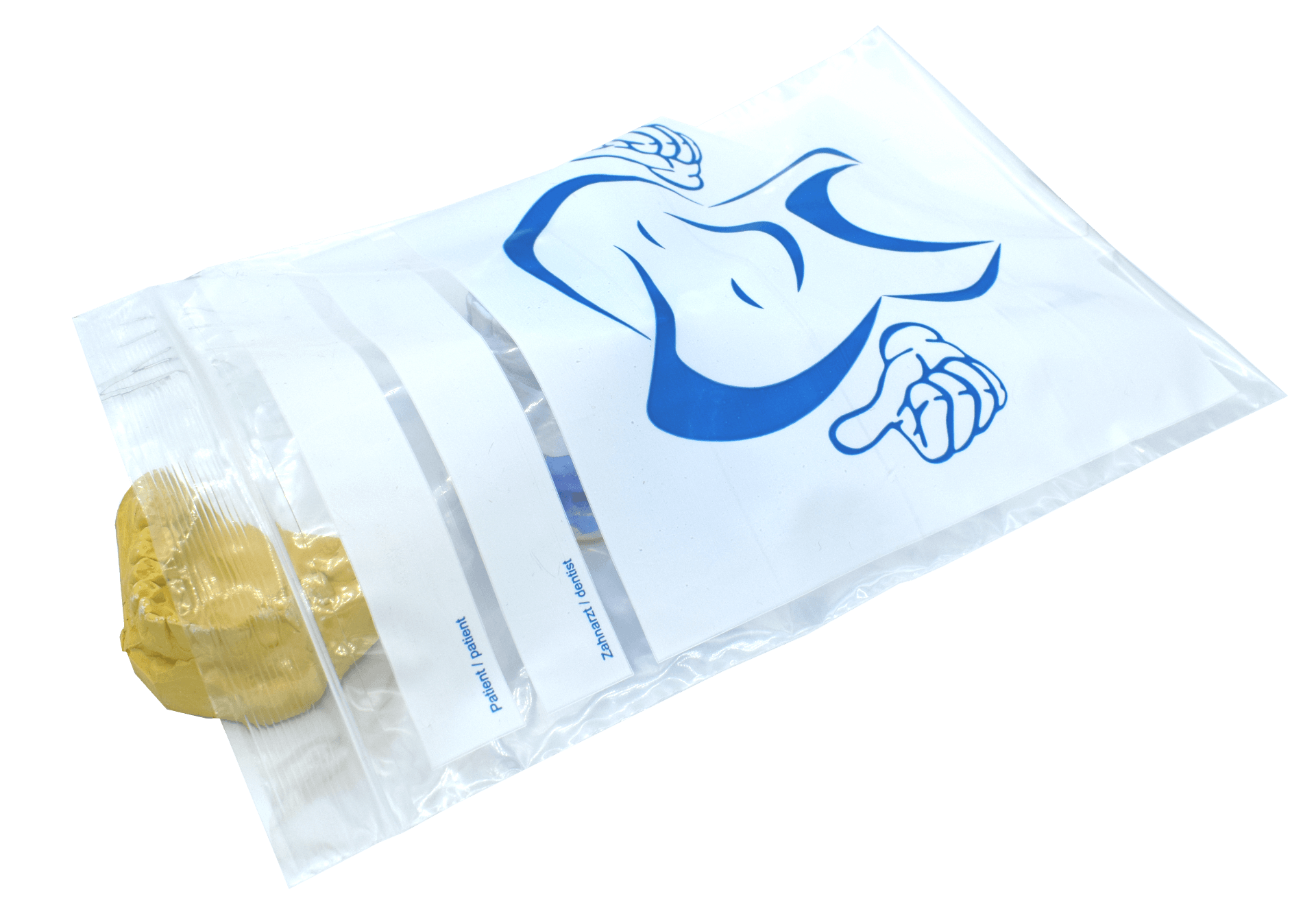 Druckverschlussbeutel mit einer Tasche für Dokument und einem 2 Farben Druck in weiß und blau