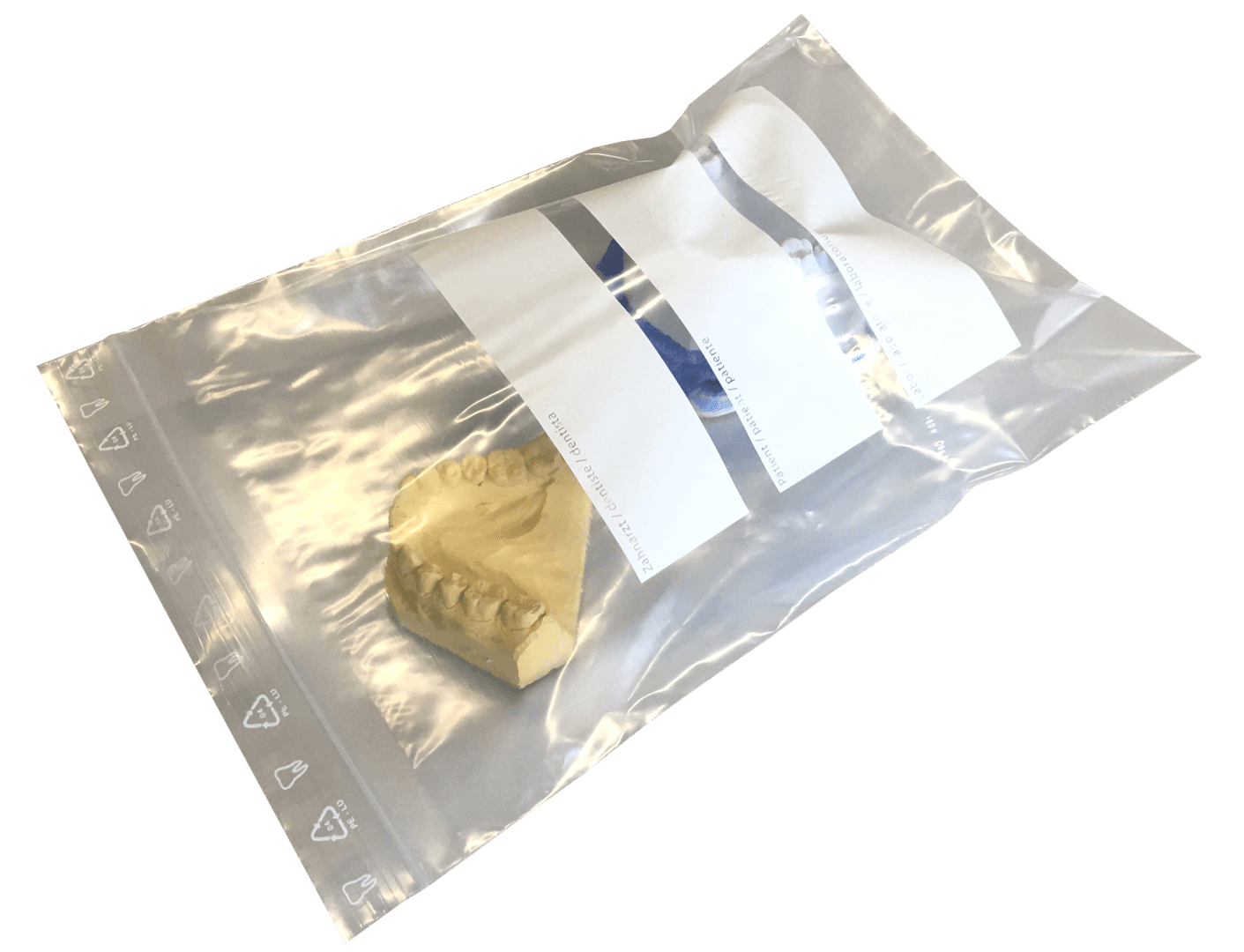 Druckverschlussbeutel mit einer Tasche auf der Rückseite und einem Schreibfeld zur Beschriftung in Labor oder Praxis