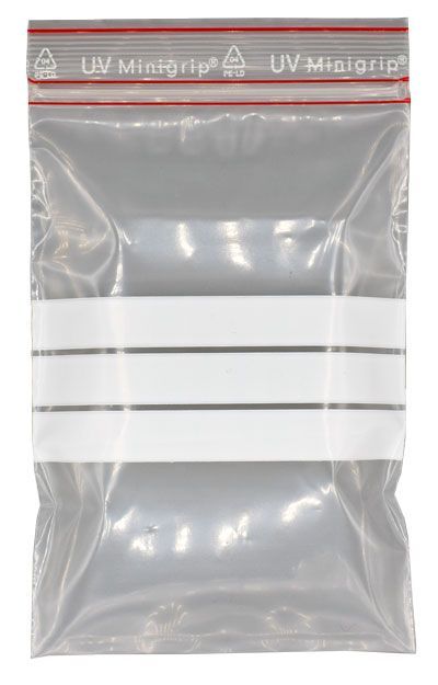 transparenter Druckverschlussbeutel mit UV Stabilisator in der Folie und drei weißen Beschriftungsfeldern