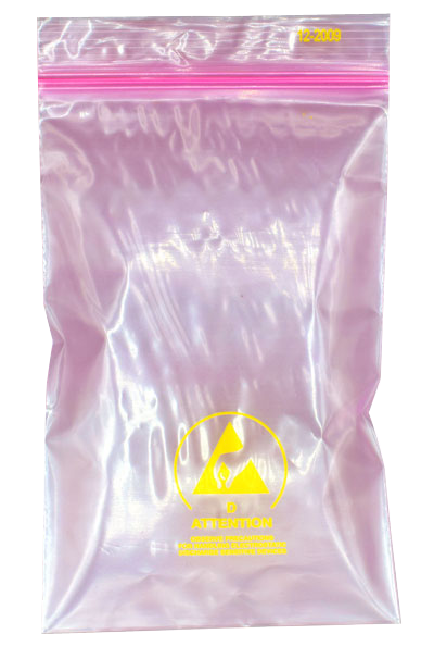 Druckverschlussbeutel rosa transparent mit antistatischer Eigenschaft und einem gelben ESD Logo im Beutel