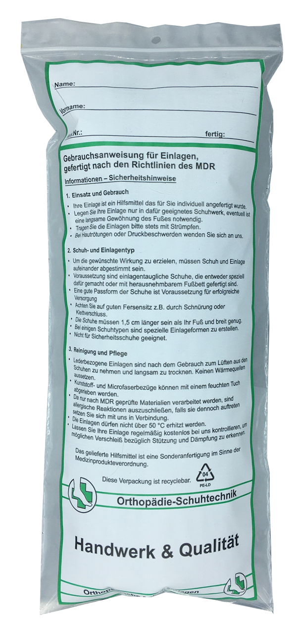 Einlagenbeutel mit einem Hinweistext Gebrauchsanweisung bedrucken lassen