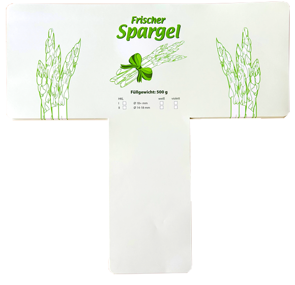 Spargelbanderolen aus Papier mit einen hellgrünem Standardmotiv mit einem Aufdruck zum Füllgewicht