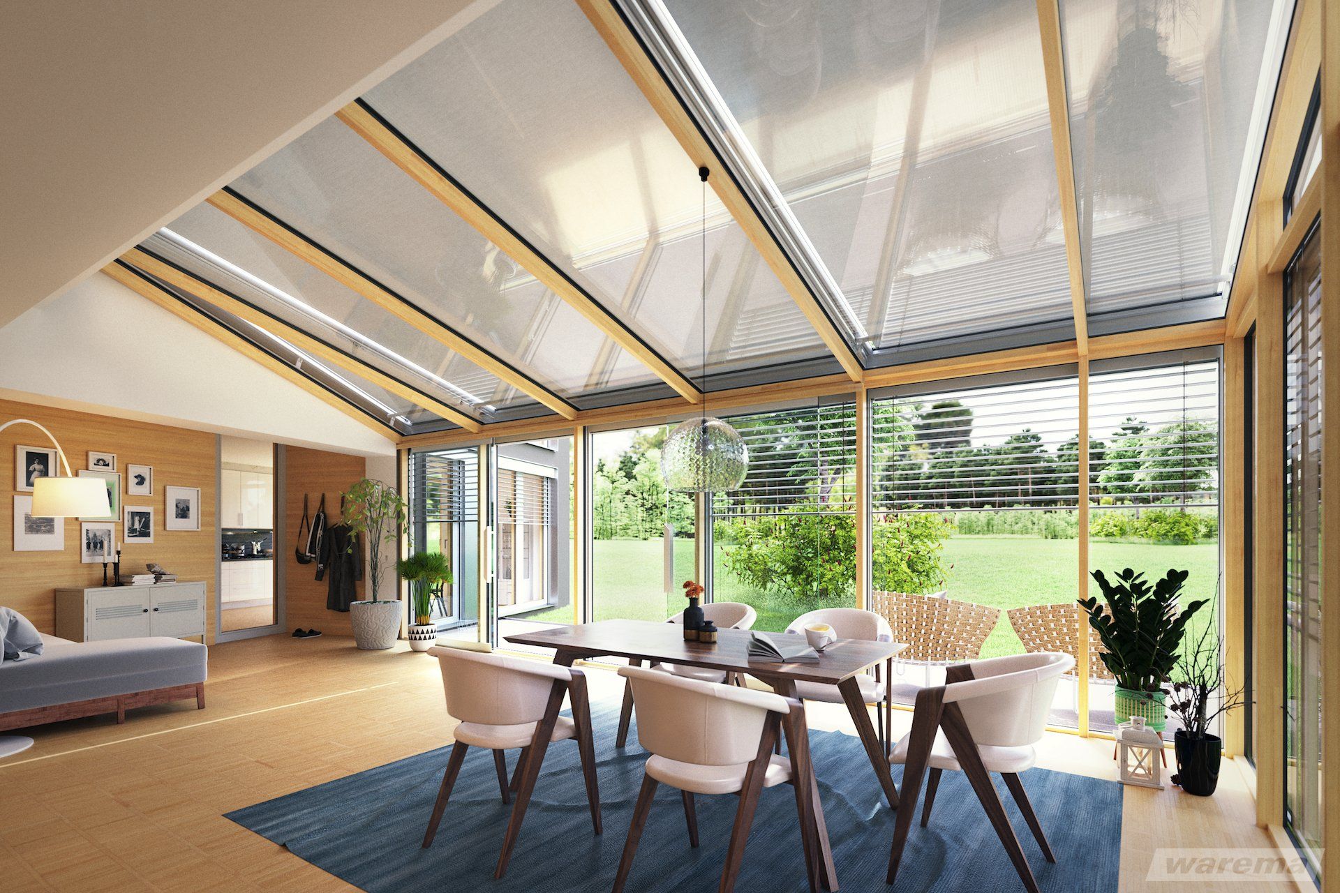 Vorbau Raffstore an Wintergarten montiert, Raffstore geöffnet, Ansicht von innen nach außen