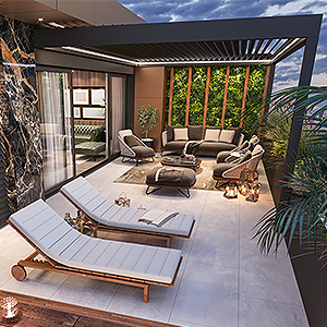 Ansicht auf Sitzgruppe auf Terrasse unter anthrazitfarbenem Lamellendach mit geöffneten Lamellen und Holzschiebeelementen