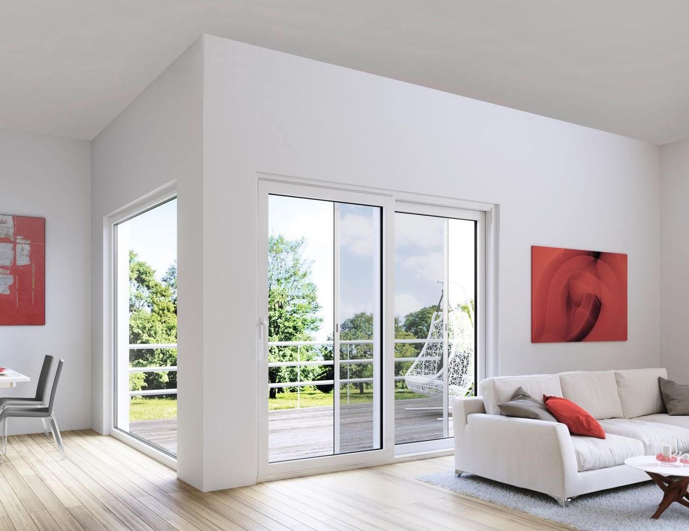 Insektenschutz Schiebetür bei LS Sonnenschutz in Groß-Umstadt kaufen. Wir beraten Sie gerne zu verschiedenen Ausführungen und Modellen im Raum Darmstadt, Dieburg, Frankfurt, Aschaffenburg, Odenwald und im Rhein-Main-Gebiet. Warema Insektenschutz Schiebetür halb geöffnet mit geöffneter Tür, Blick von Wohnzimmer auf Balkon