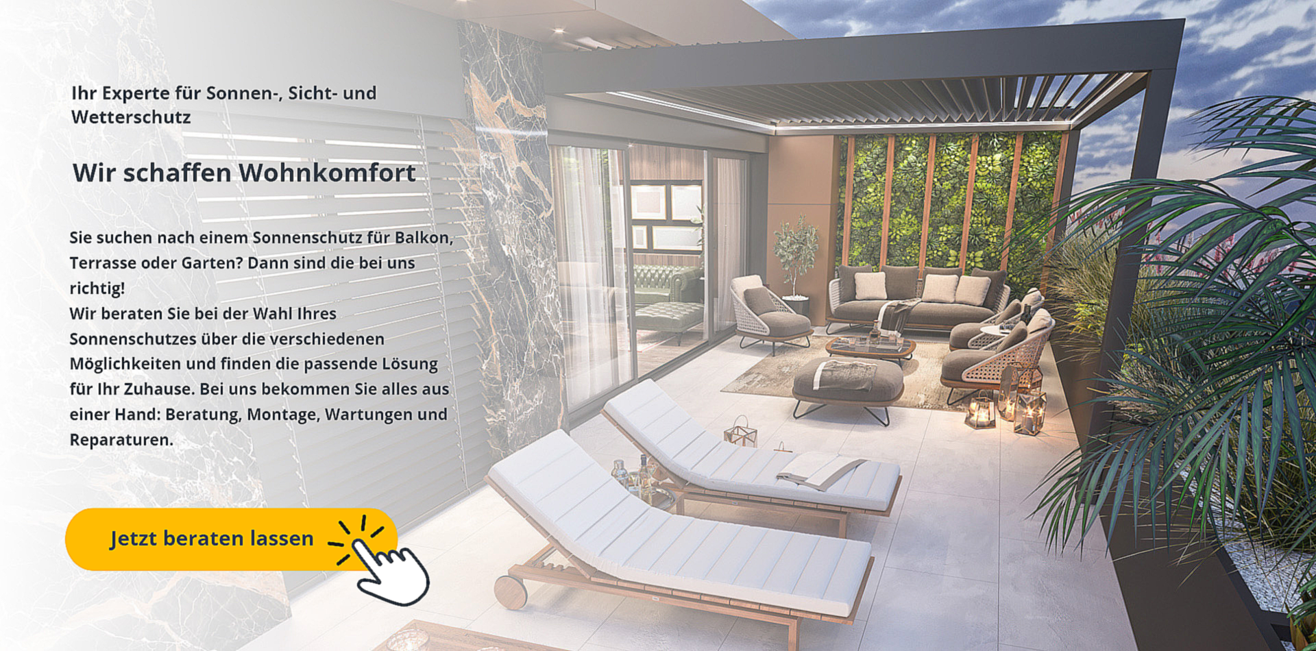 Ansicht auf Terrasse mit Liegenstühlen und Sitzgruppe und anthrazitfarbenem Lamellendach mit seitlichen Holzpaneelen