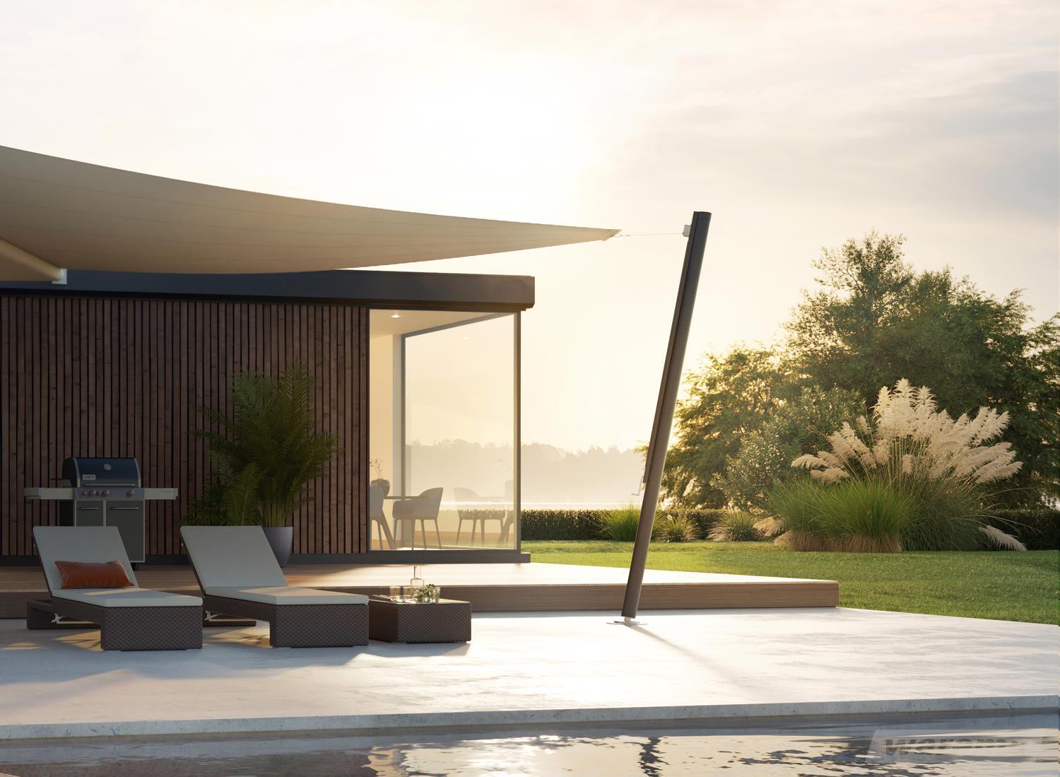 Warema Sonnensegel Sonea S70 für Balkon oder Terrasse bei LS Sonnenschutz in Groß-Umstadt kaufen. Leichter Sonnenschutz und stylisches Designelement mit Urlaubsatmosphäre. Wir beraten Sie gerne zu verschiedenen Modellen und Farben im Raum Darmstadt, Dieburg, Frankfurt, Aschaffenburg, Odenwald. Detaillierte Ansicht dreieckiges Warema Sonnensegel Sonea S70 ueber Terrasse an Hauswand befestigt bei untergehender Sonne. LS Sonnenschutz Produktseite Sonnensegel.