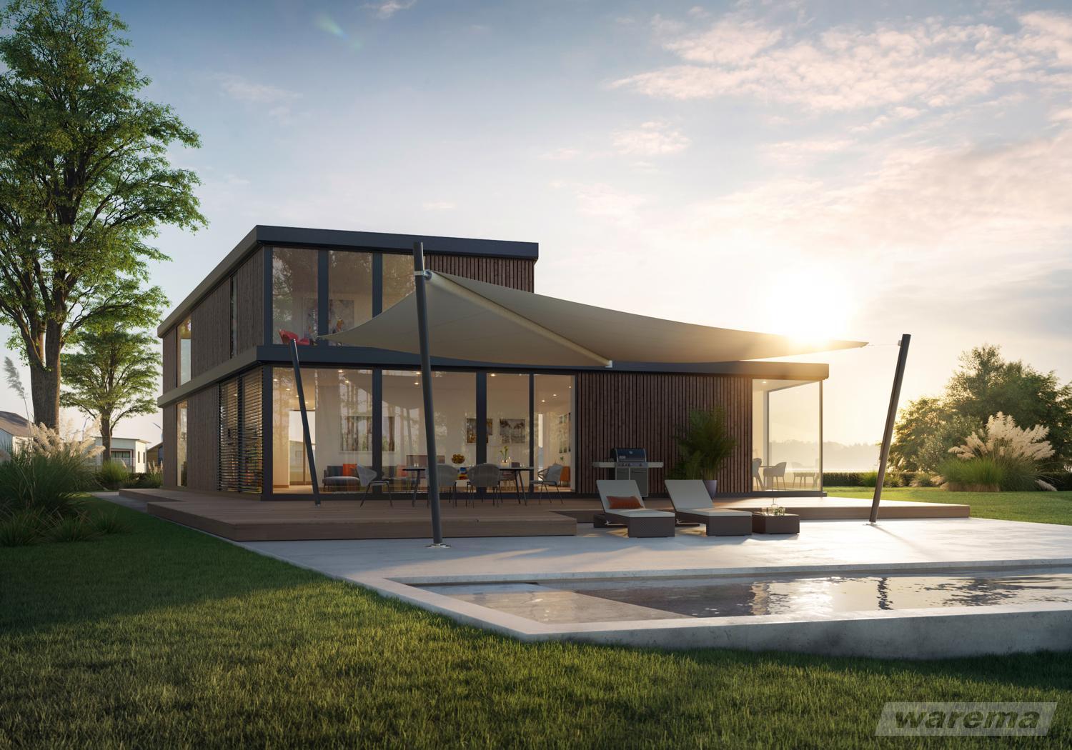 Sonnensegel von Warema oder Caravita bei LS Sonnenschutz in Groß-Umstadt kaufen. Schatten genau dort, wo Sie ihn benötigen. Wir beraten Sie gerne zu verschiedenen Modellen und Farben im Raum Darmstadt, Dieburg, Frankfurt, Aschaffenburg, Odenwald. Warema Sonea Sonnensegel in beige über Terrasse vor Pool eines Hauses mit Garten aufgespannt