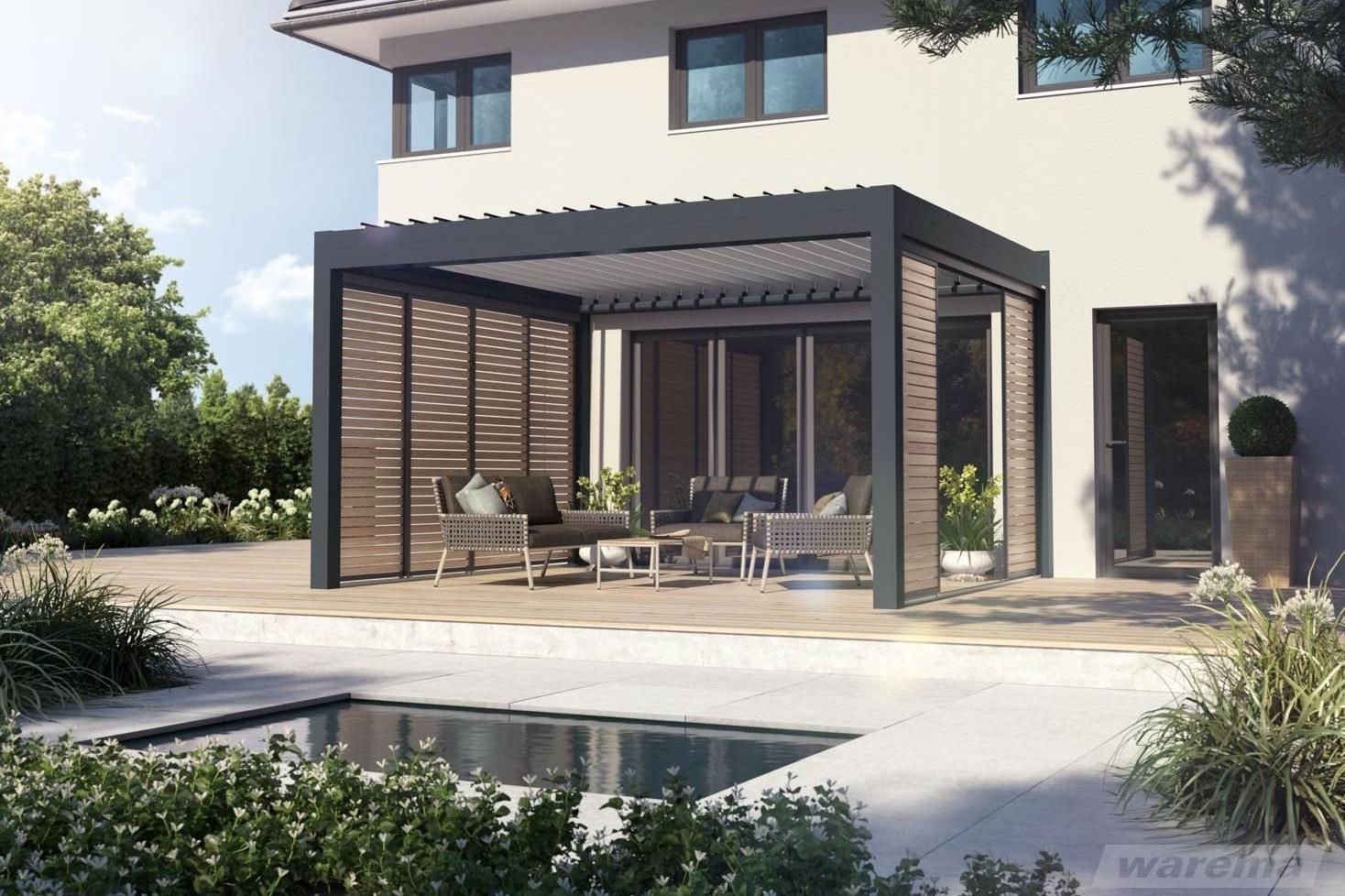 Lamellendächer Lamaxa von Warema für Ihre Terrasse oder Ihren Garten bei LS Sonnenschutz in Groß-Umstadt kaufen. Wir beraten Sie gerne zu verschiedenen Ausführungen und Modellen der Lamellendächer Lamaxa von Warema im Raum Darmstadt, Dieburg, Frankfurt und Rhein-Main Gebiet, Aschaffenburg, Odenwald. Warema Lamellendach Lamaxa in anthrazit mit seitlichen Holzschiebeelementen in Lärche natur