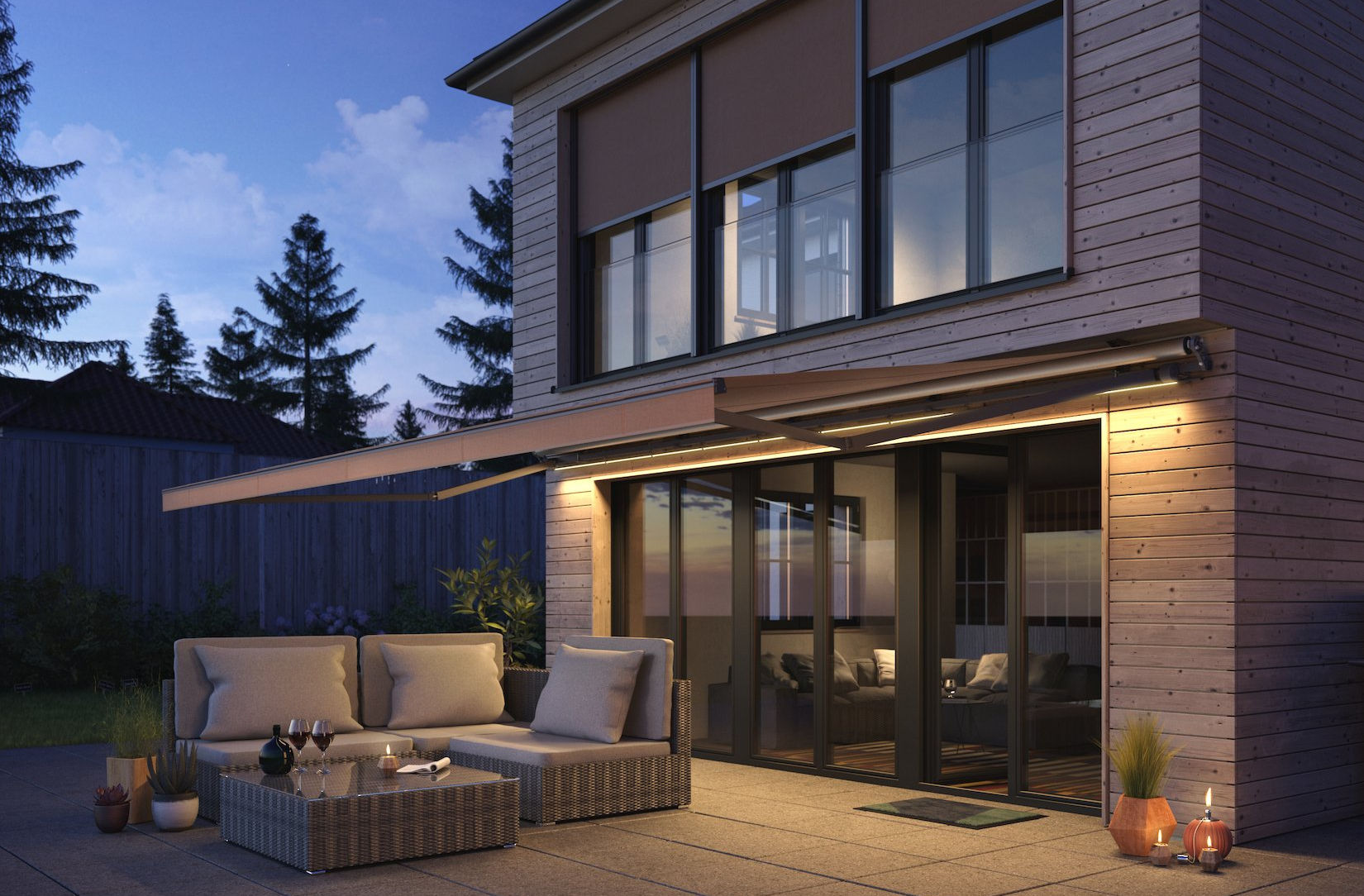 Warema Markise mit Beleuchtung für Balkon oder Terrasse bei LS Sonnenschutz in Groß-Umstadt kaufen. Sicht-, Sonnen- und Wetterschutz. Gemütliche Atmosphäre dank Beleuchtung, bei Dämmerung noch ausreichend Licht, aber trotzdem geschützt. Wir beraten Sie gerne zu verschiedenen Modellen und Farben im Raum Darmstadt, Dieburg, Frankfurt, Aschaffenburg, Odenwald. Warema Markise mit Beleuchtung für Balkon oder Terrasse