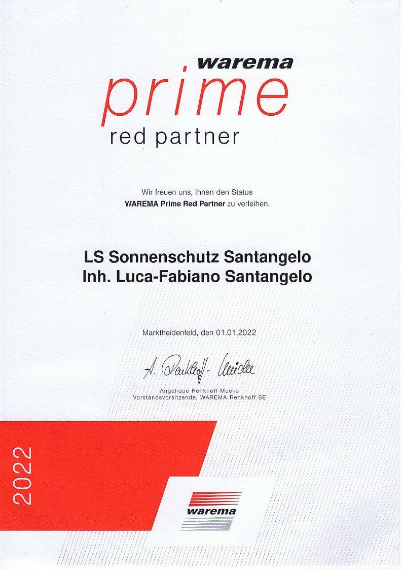 Zertifikat, wir sind Warema Prime Partner gold
