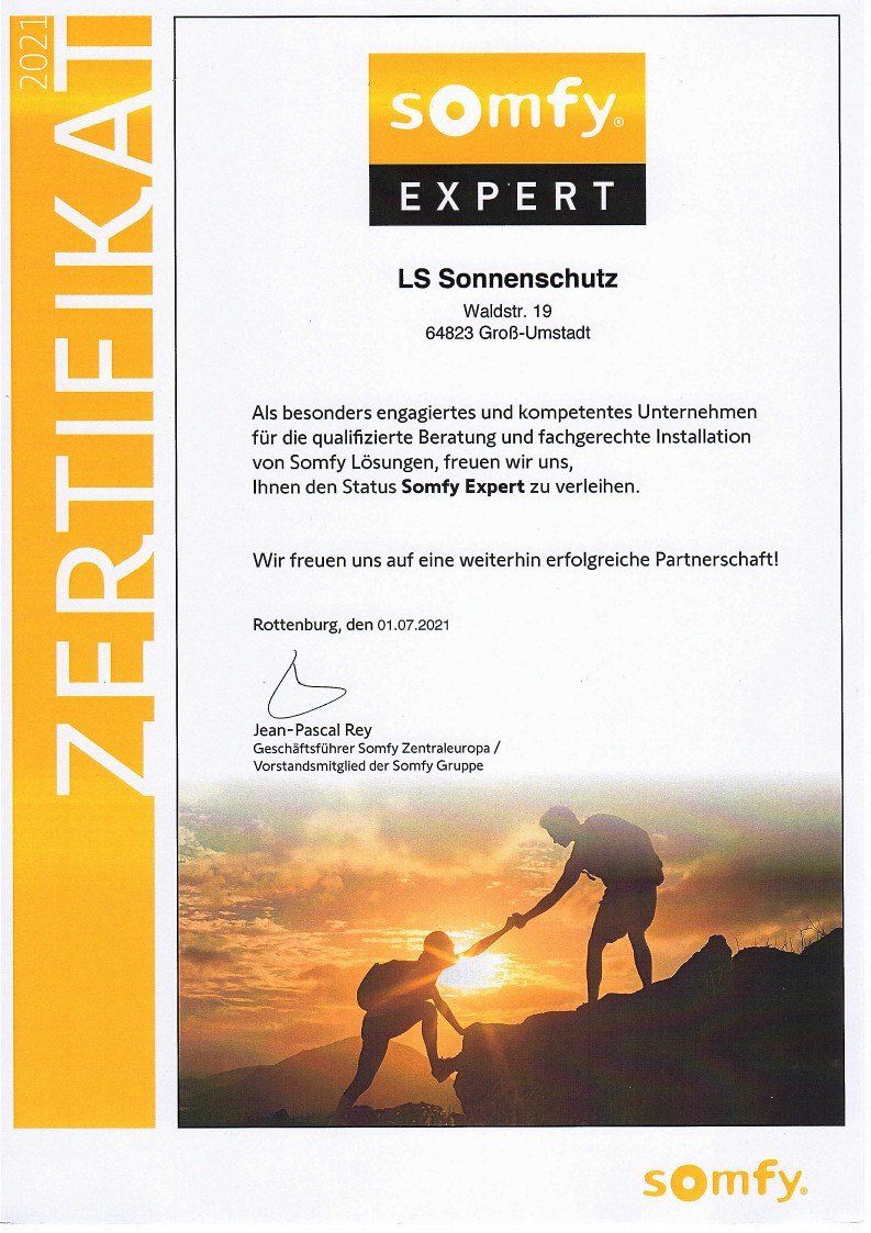 Zertifikat über unseres Status als Somfy Expert