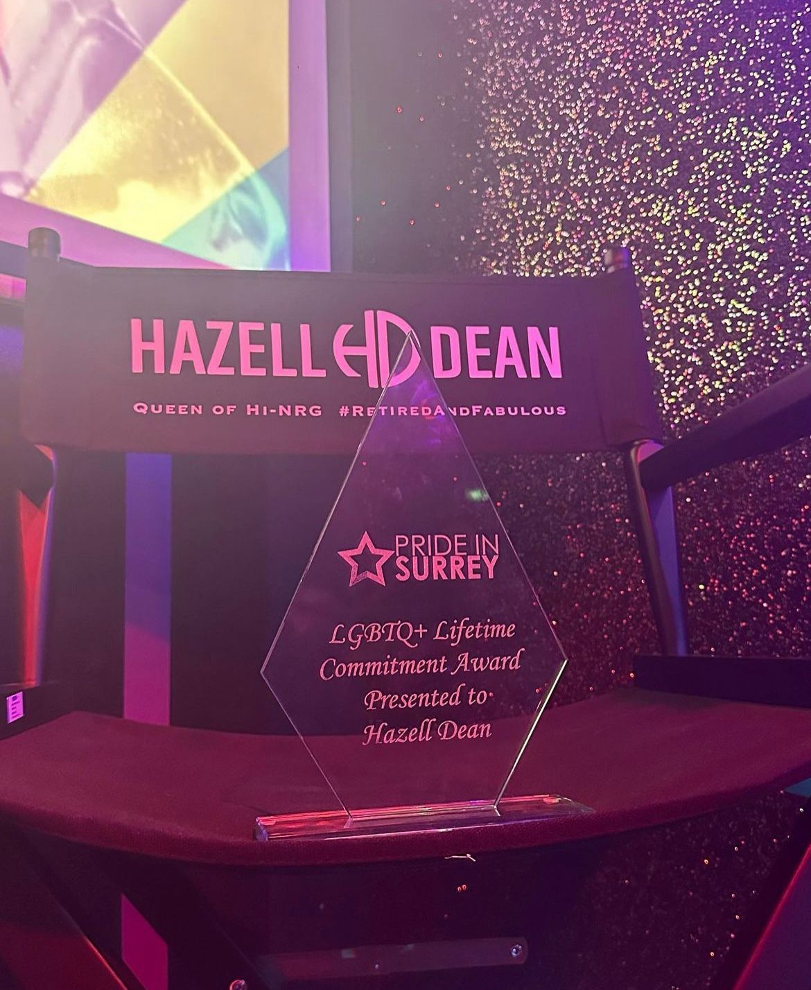 Hazell Dean is presented with LGBTQ+ Lifetime Commitment Award 2024 from Pride in Surrey. 