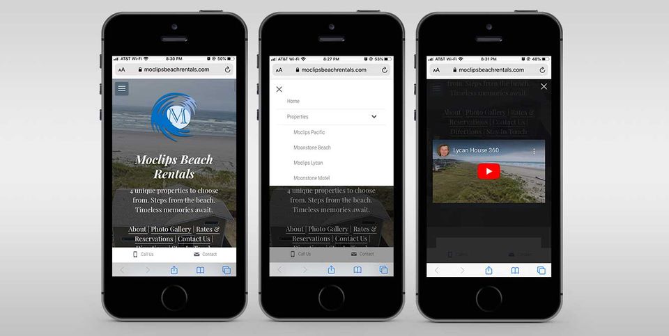 Moclips Beach Rentals Mobile -Friendly Website Screenshots of Moclips Beach Rentals Website on iPhone