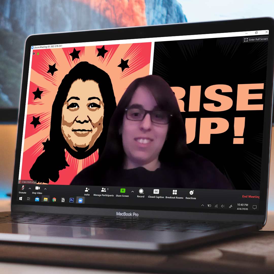 sandra's rise up zoom background in action during a zoom conference call