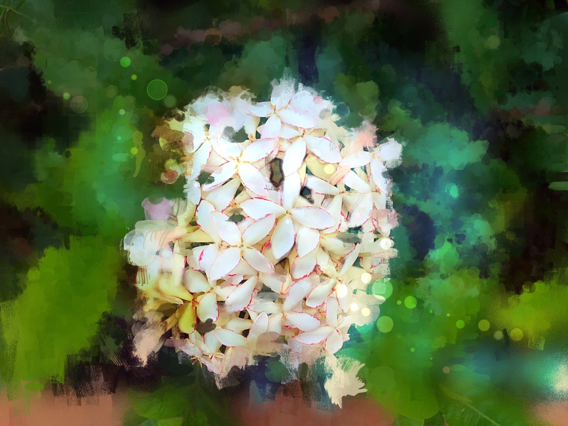 Hawaii floral, botanic , green leaves, white flower