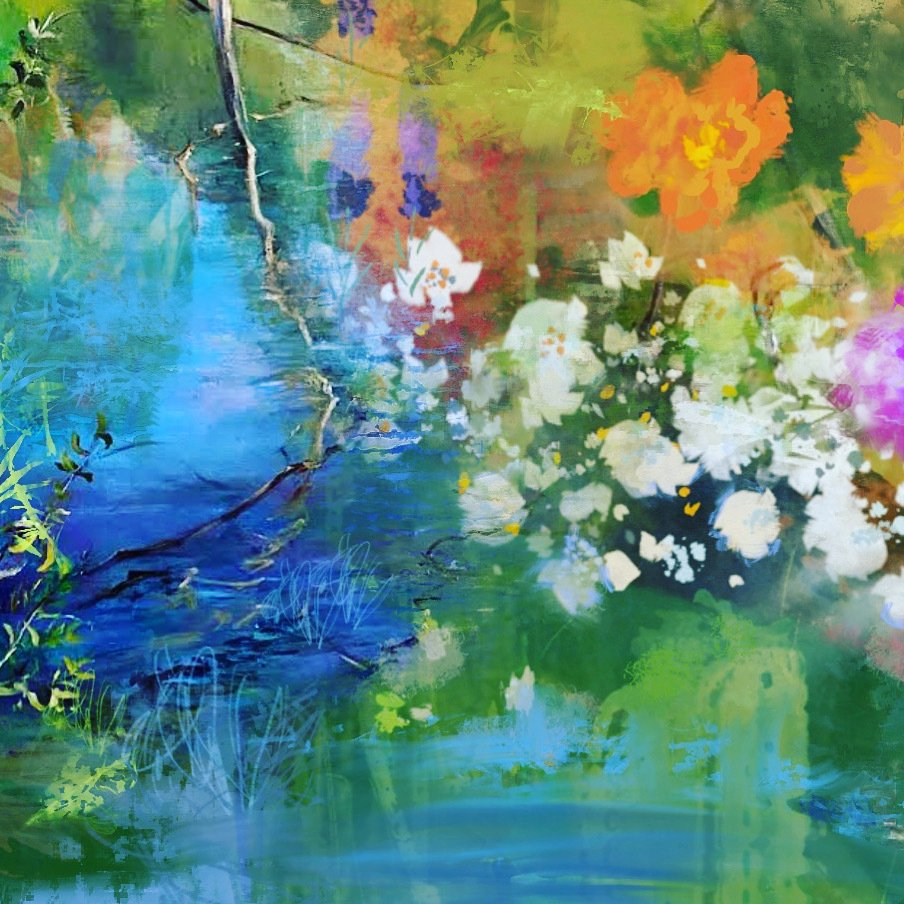 flower, painting, digital art, oil painting, blue, orange, white flowers, flowers, blue lake, brand tree