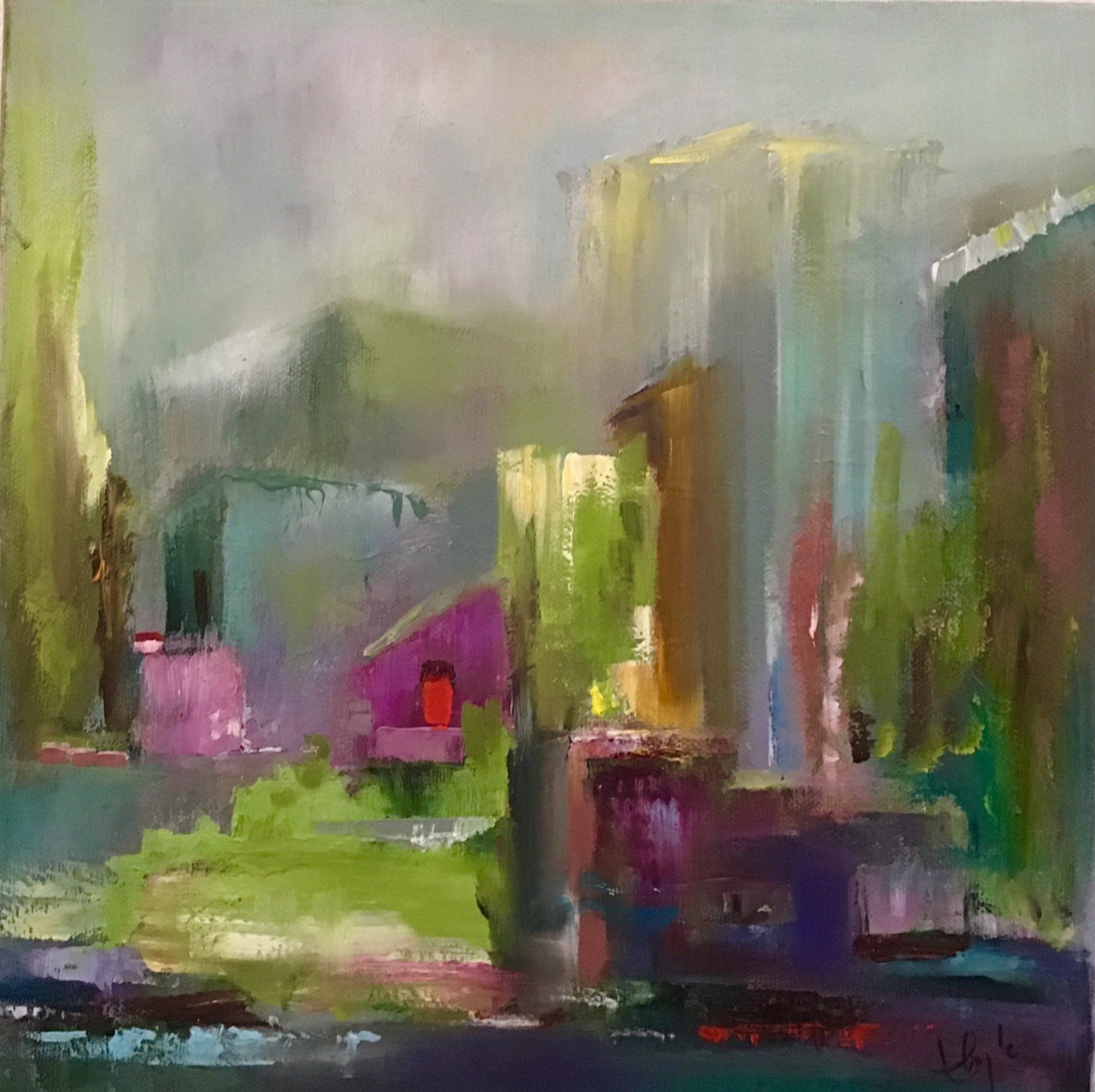 abstract street view, oil painting, 12x12, green, pink painting, green painting , landscape