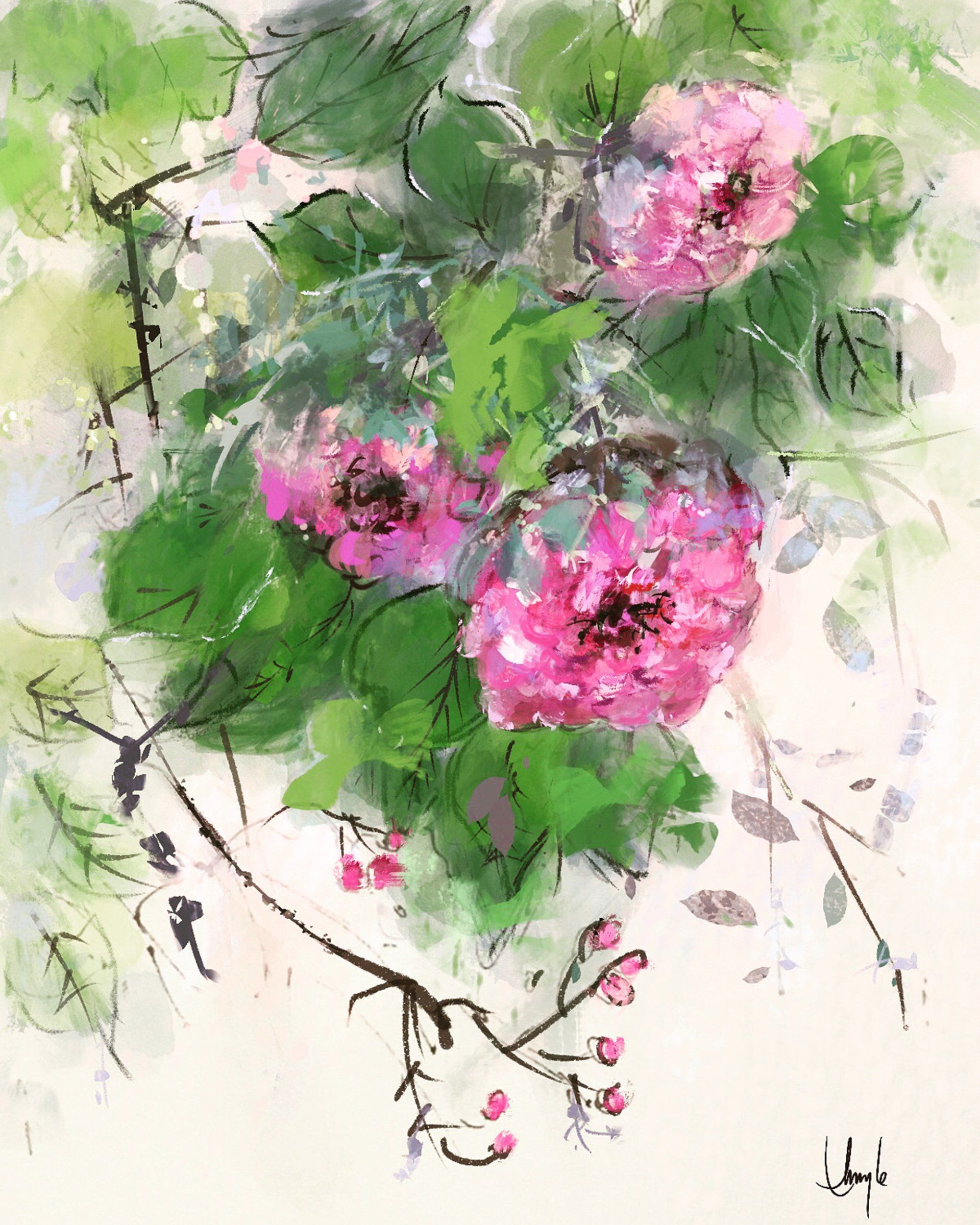 camellia , pink flower, greens, floral, digital art, water color, flower, impressionism