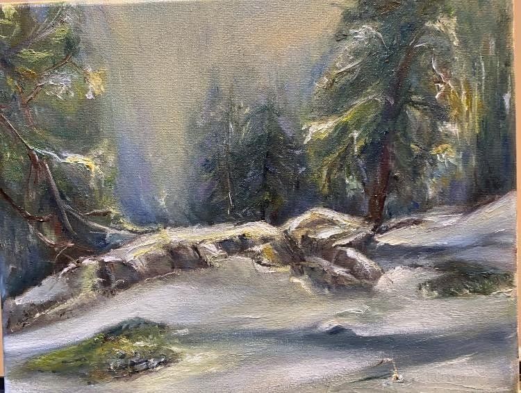 snow,  afternoon, winter, digitial art,  greens, oil on canvas, wild plants, California subtle color tones, expressive  , brand trees,