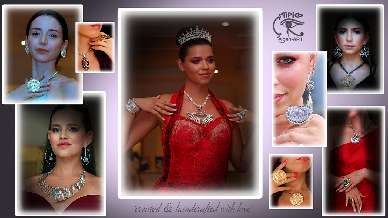 „Messestand von Tipico-Eigenart mit handgefertigtem Silberschmuck aus Mineralien – Auslage in Vitrinen auf einer Schmuckmesse“