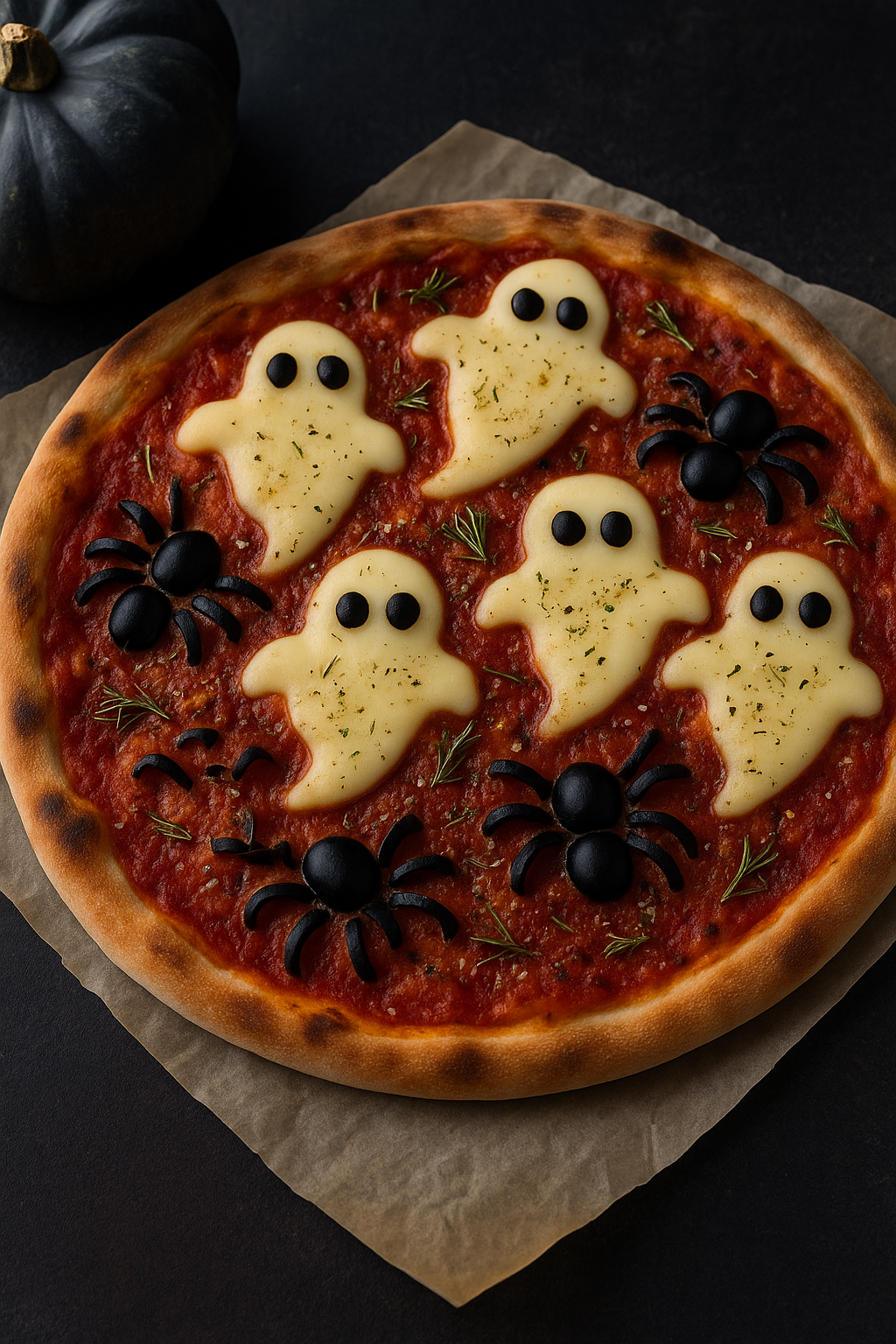 Pizza terrorífica de Halloween con fantasmas de mozzarella y arañas de aceituna sobre base de tomate