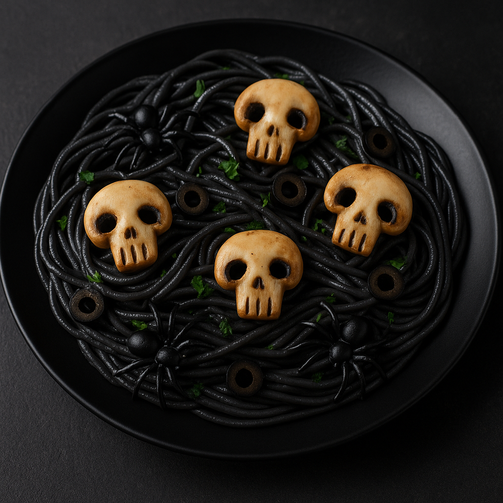 Plato de espaguetis negros con calaveras de champiñón y aceitunas negras decorativas, ideal para Hal