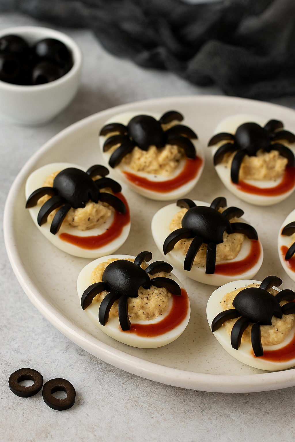 Huevos rellenos decorados con arañas de aceituna negra sobre salsa de ketchup, ideales para Hallowee