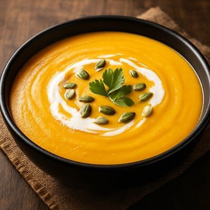 Crema de calabaza casera servida en bol negro, con crema, semillas y perejil fresco sobre mesa de ma