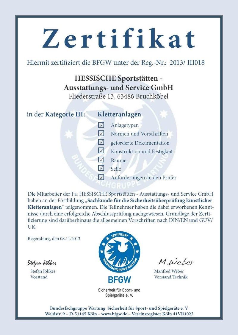 BFGW Zertifikat aus dem Jahr 2013 für die Hessischen Sportstätten
