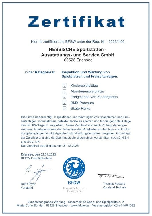 BFGW Zertifikat aus dem Jahr 2023 für die Hessischen Sportstätten