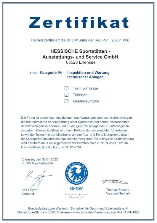 BFGW Zertifikat aus dem Jahr 2023 für die Hessischen Sportstätten
