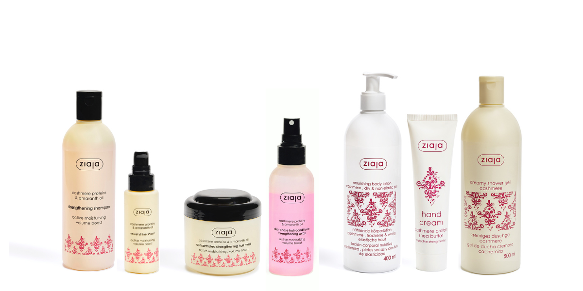 Die Cashmere-Serie wurde entwickelt, um trockene und unelastische Haut intensiv zu nähren, zu regenerieren und mit Feuchtigkeit zu versorgen. Ihr Haar wird durch die Cashmere-Proteine mit Feuchtigkeit versorgt und erhält mehr Volumen.