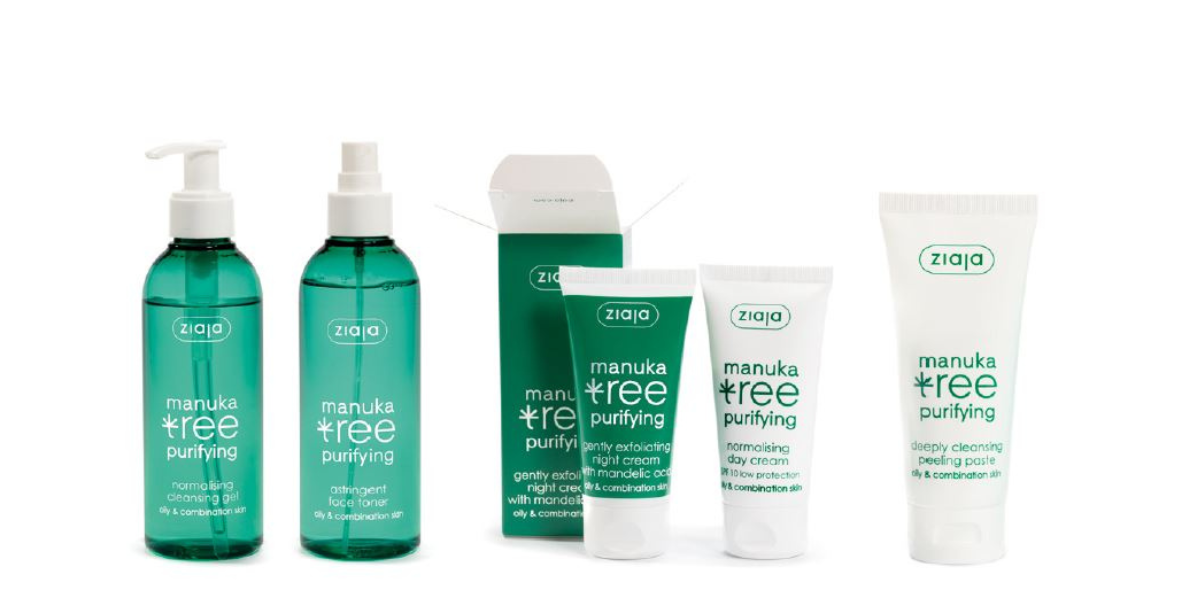 Manuka Tree-Linie: Pflegeprodukte mit Manukablatt-Extrakt, der für seine antibakteriellen und heilenden Eigenschaften bekannt ist, geeignet für unreine Haut.