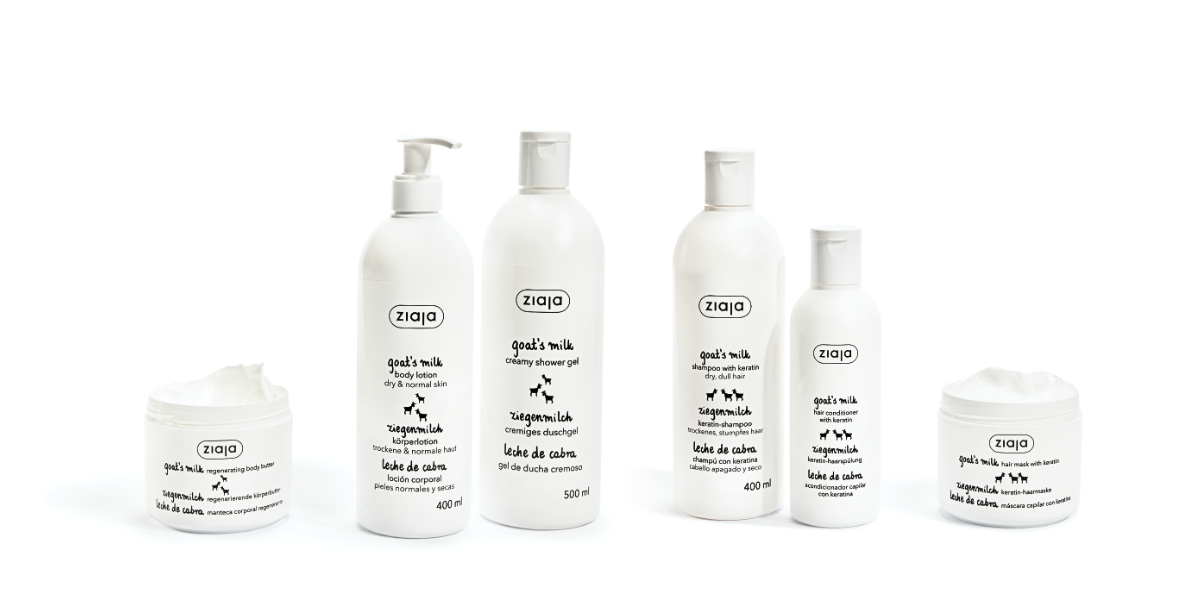 Ziegenmilch-Linie: Feuchtigkeitsspendende Pflegeprodukte auf Basis von Ziegenmilch, geeignet für empfindliche und trockene Haut.