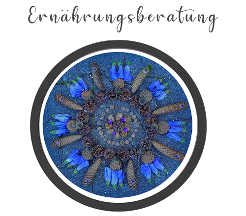 Mandala gelegt mit blauen Blüten und Tannenzapfen- Linkbild zu Ernähunngsberatung