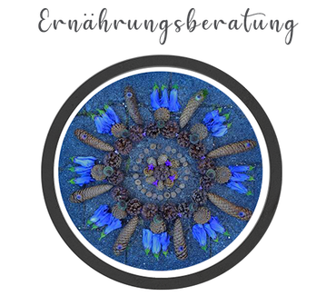 Mandala gelegt mit  blauen Blüten und Tannenzapfen- Linkbild zu Ernähunngsberatung