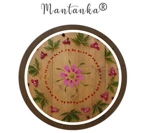 Mandala gelegt mit Blüten und Grün - Linkbild zu Mantanka ®