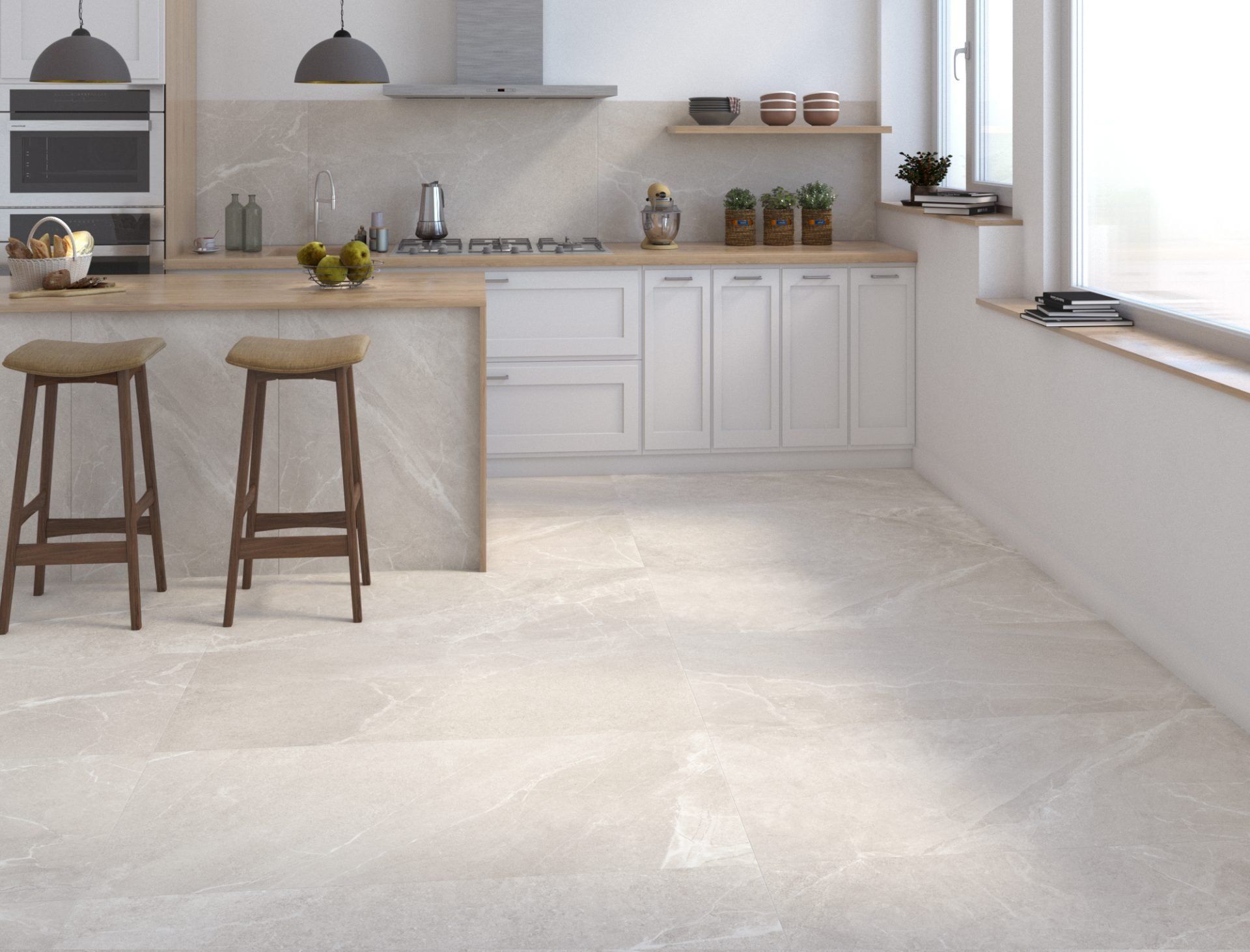 limestone effect tiles in kitchen , domestic setting with a sort of open plan
