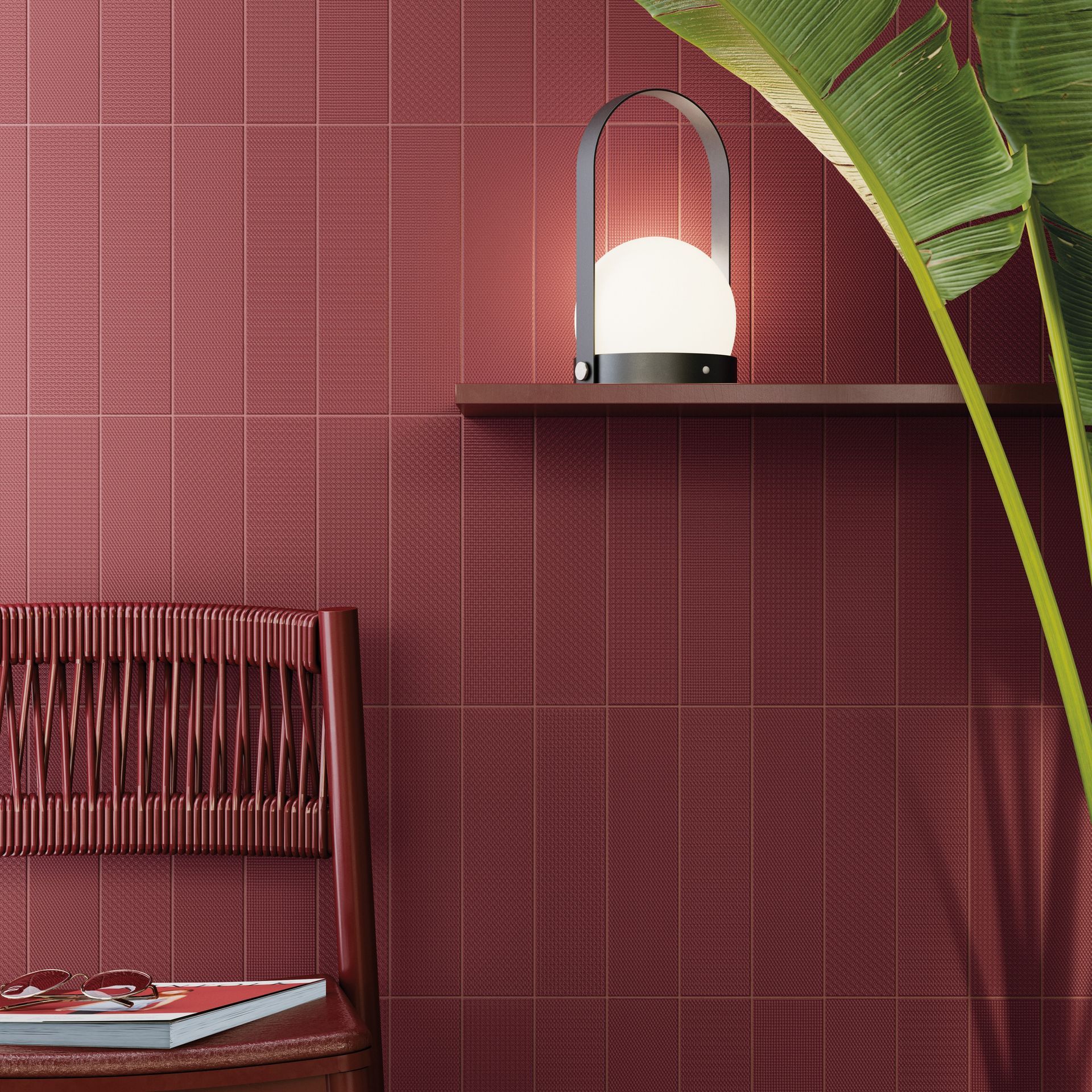 a red tile with a red bench and a plant used in a lounge room