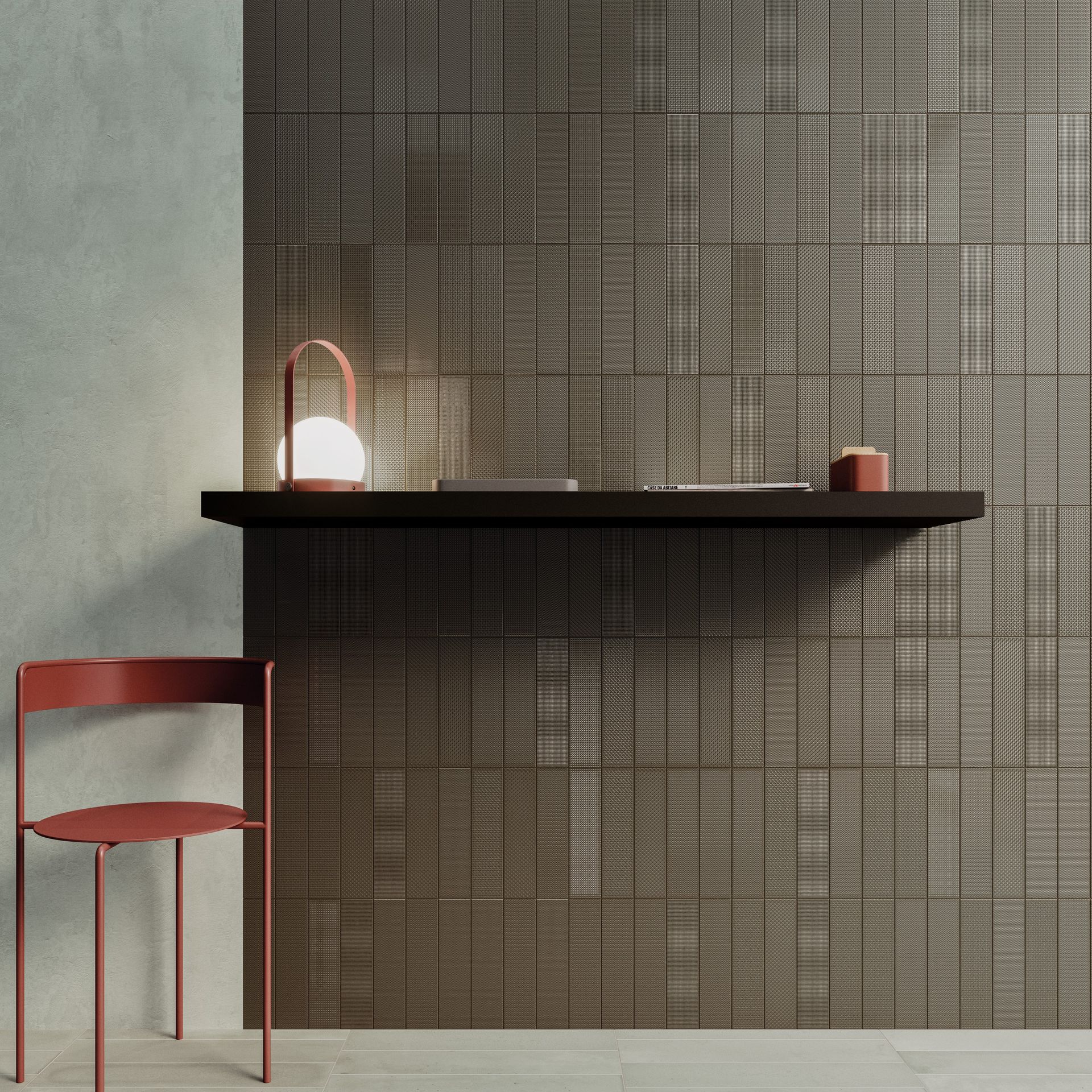 a more darker tile usef in a hallway with a red metal chair