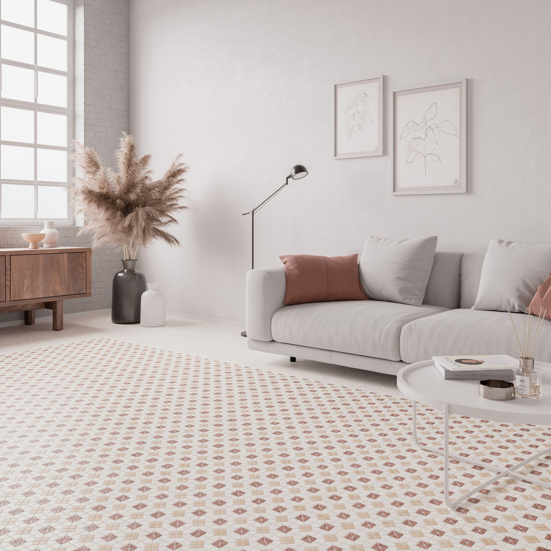 pattern floor tiles used in a living room with a light grey couch and  a white small coffee table