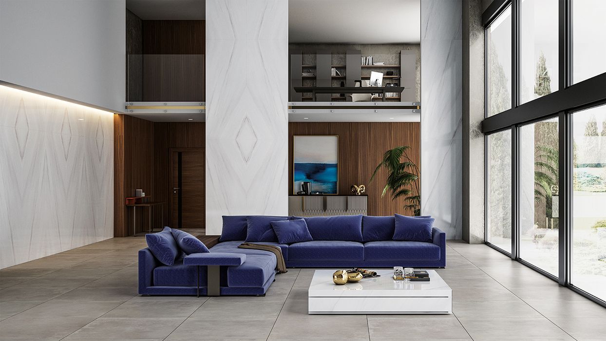 marble tiles ,blue couch in a large living space with large windows and a white coffee table