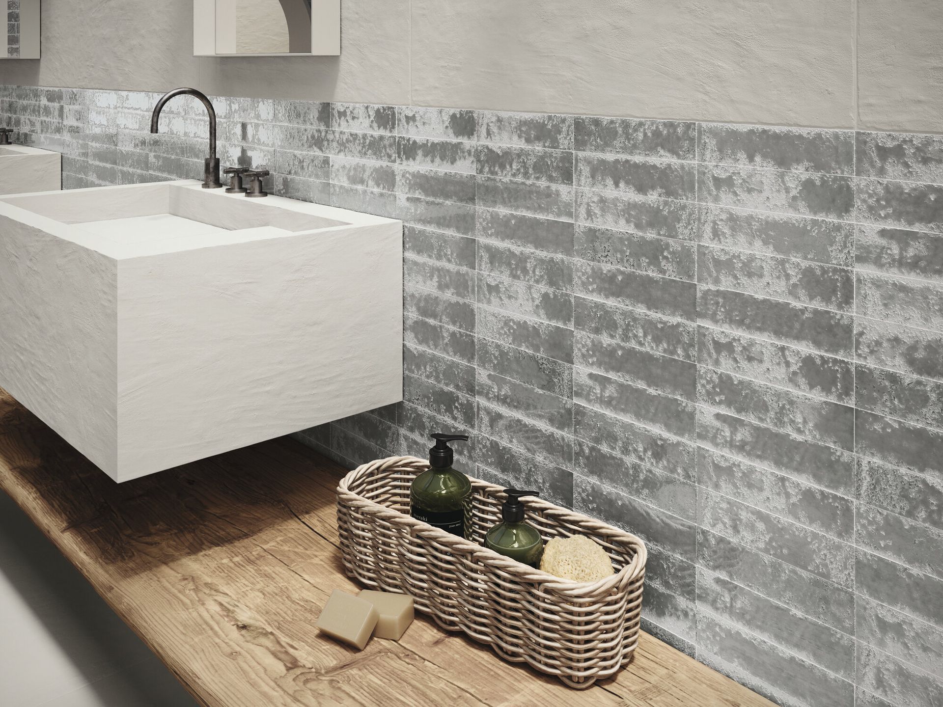 Bari Grey wall tiles used behind a sink for a splashback effect